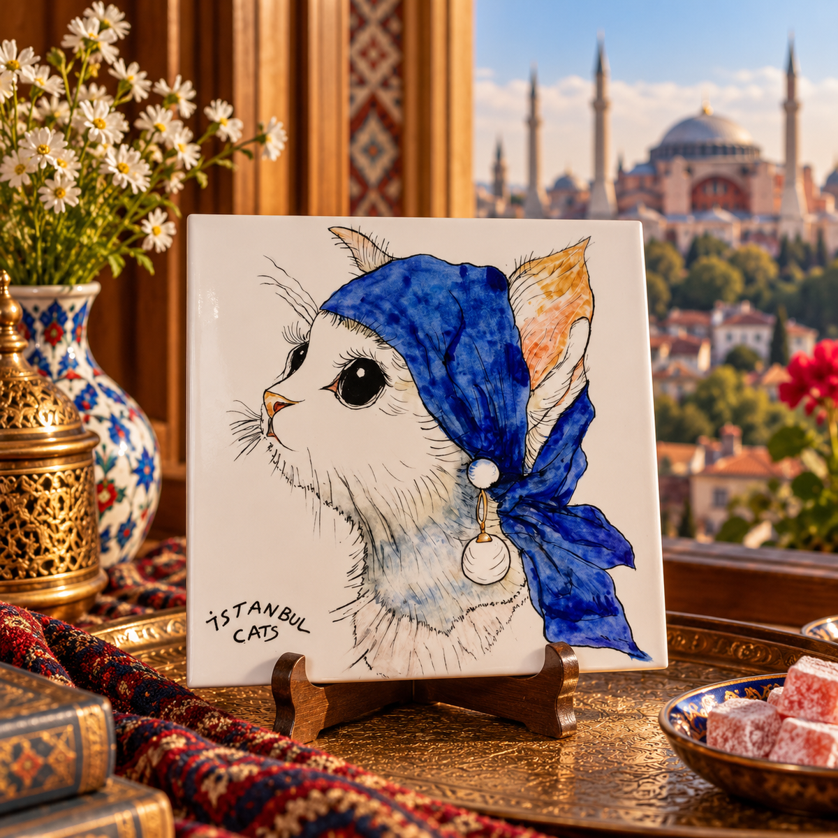 The Cat with a Pearl Earring – Handmade Turkish Çini Art Tile