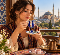 Handmade Turkish Çini Art Coffee Cup & Saucer – Blue Floral Design