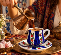 Handmade Turkish Çini Art Coffee Cup & Saucer – Blue Floral Design