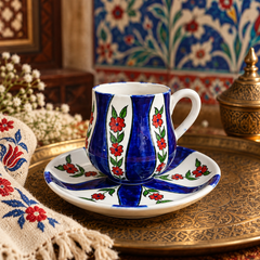 Handmade Turkish Çini Art Coffee Cup & Saucer – Blue Floral Design